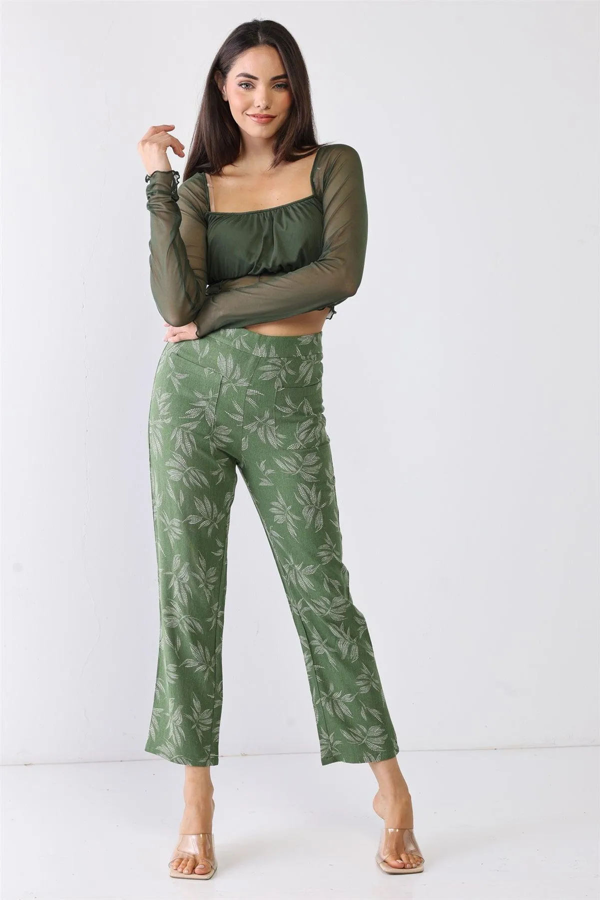 Green Floral Print High Waist Two Pocket Pants /3-2-1