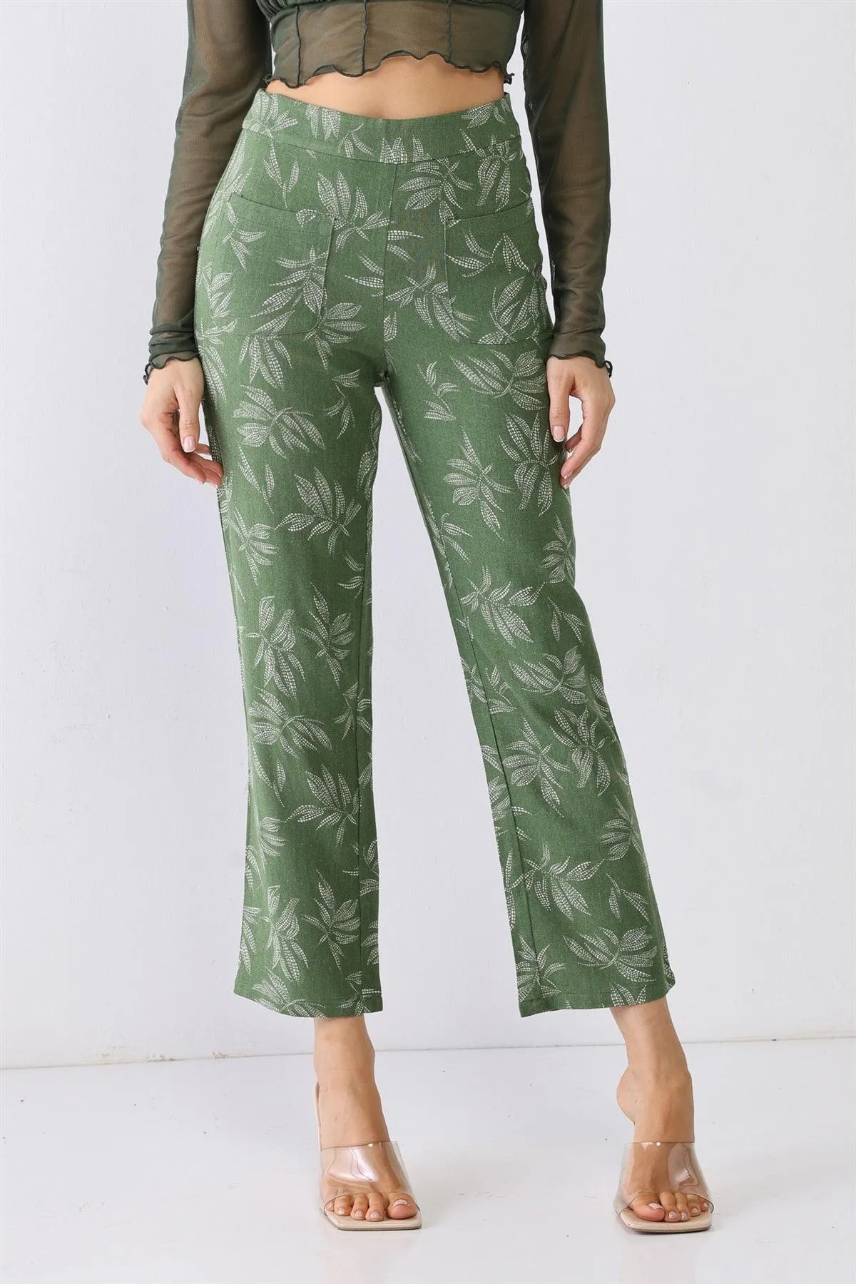 Green Floral Print High Waist Two Pocket Pants /3-2-1
