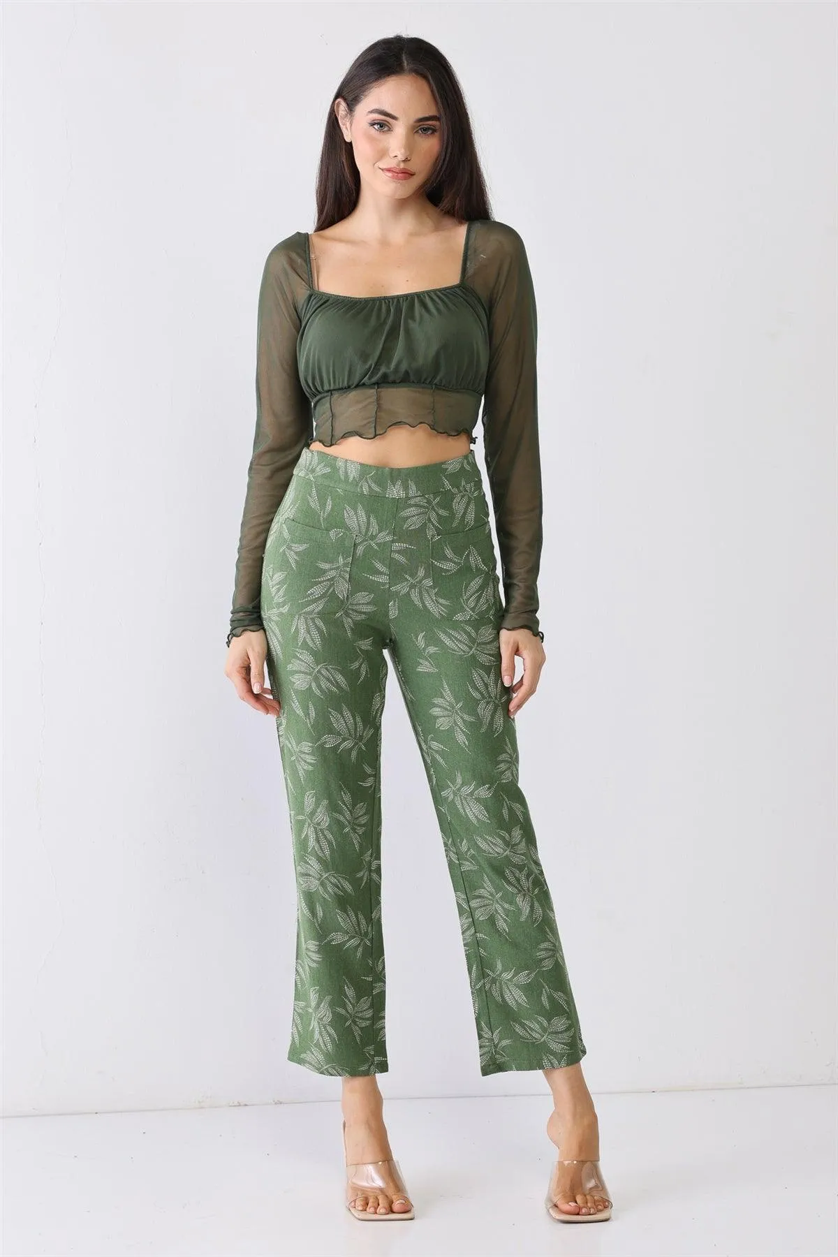 Green Floral Print High Waist Two Pocket Pants /3-2-1