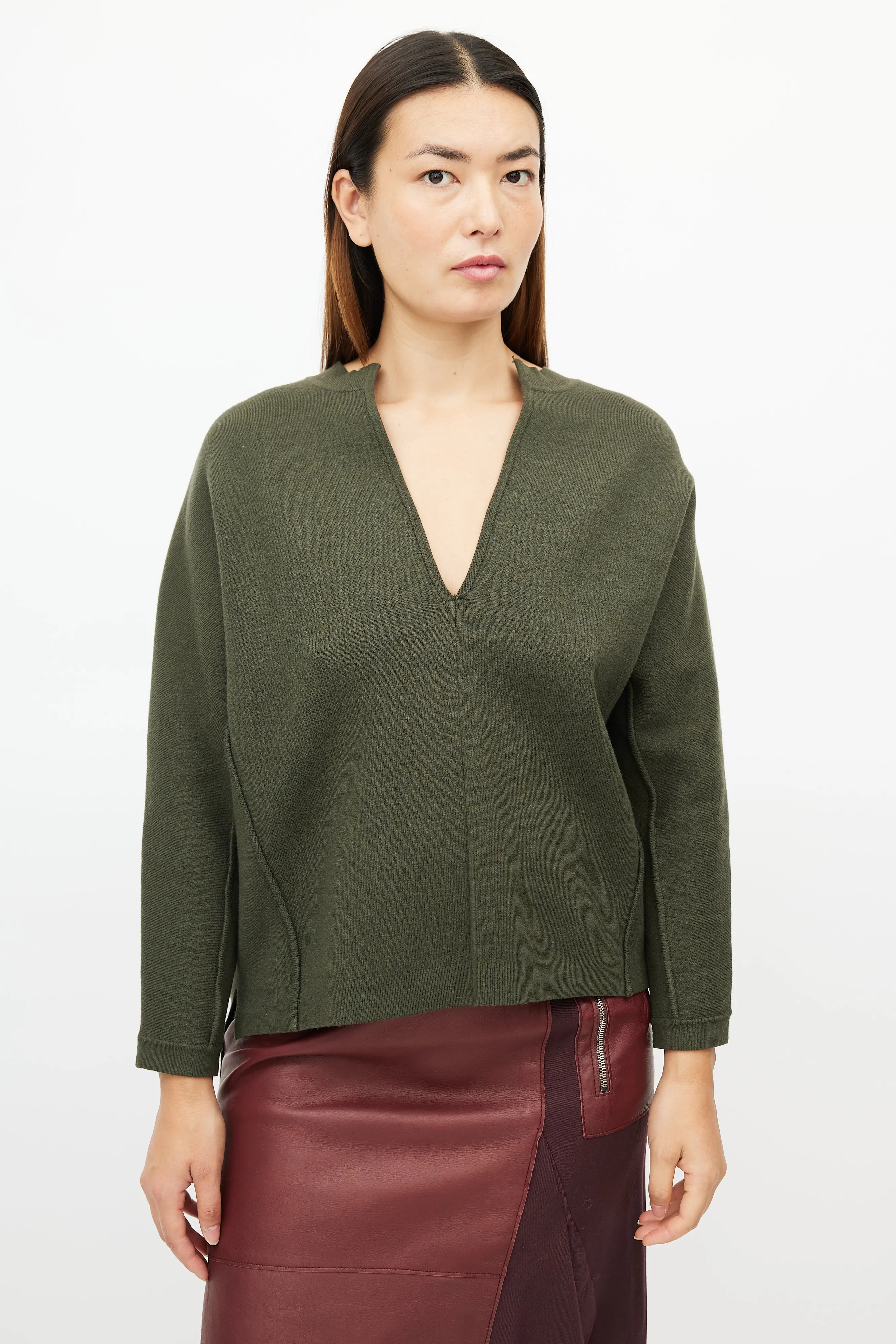 Green Knit V-Neck Sweater