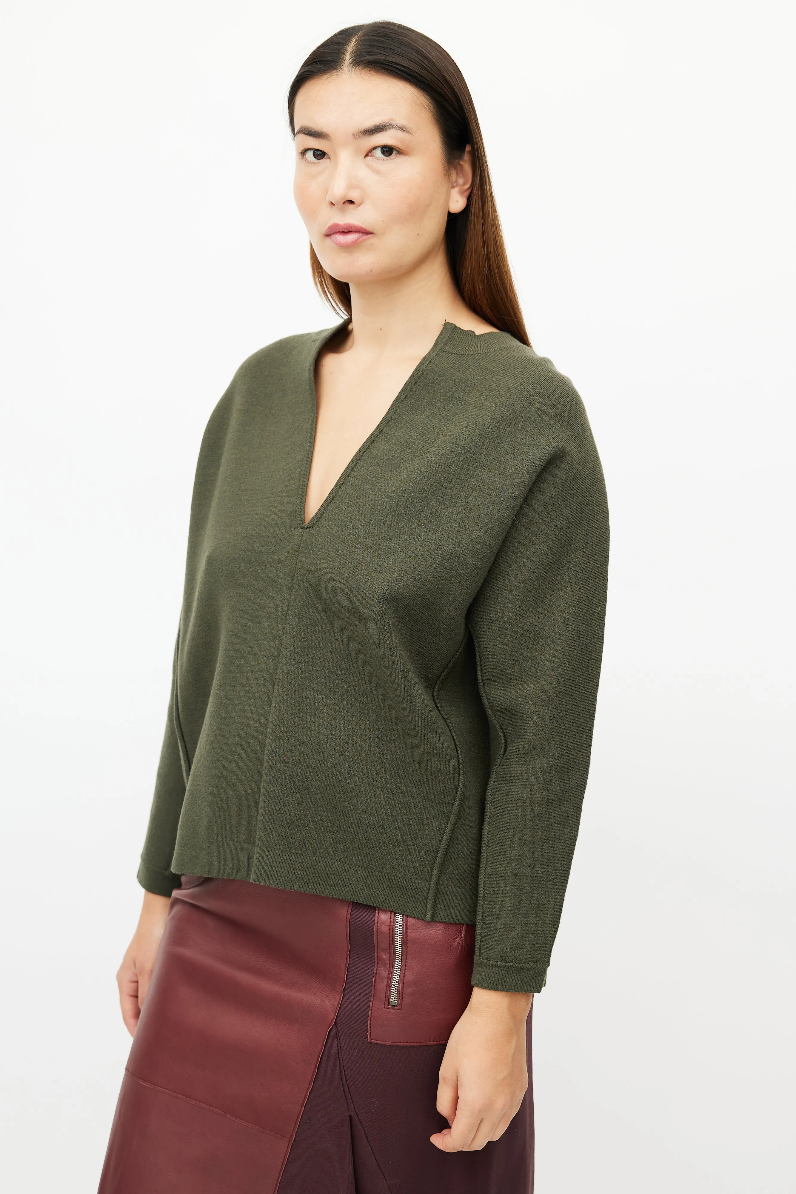 Green Knit V-Neck Sweater