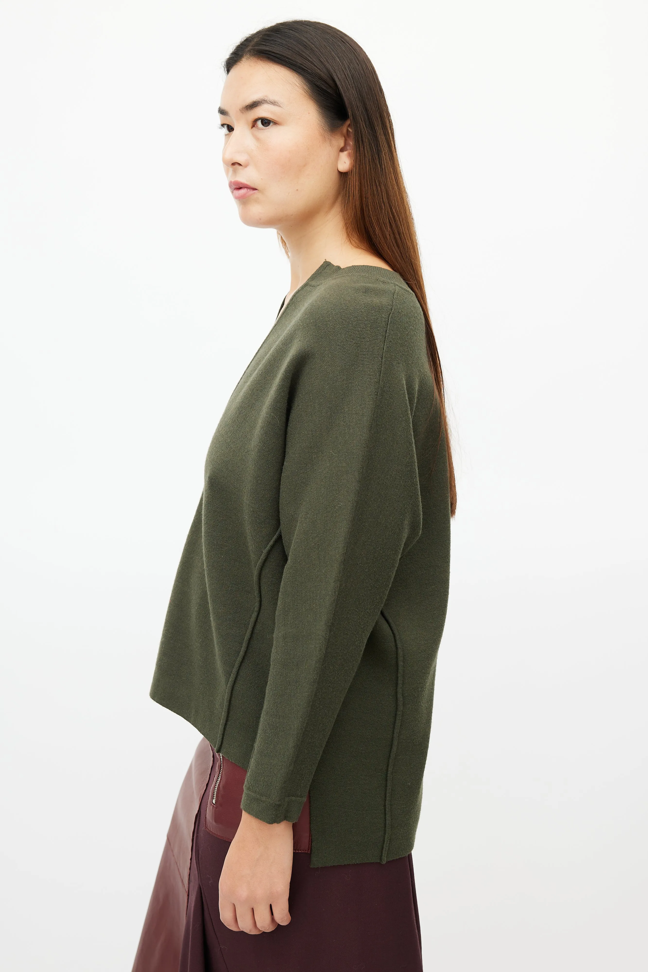 Green Knit V-Neck Sweater
