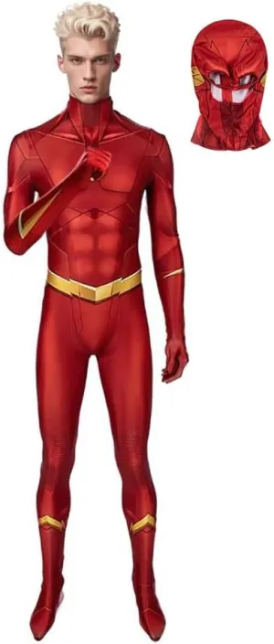 Halloween Men's Superhero Costume Cosplay Red Jumpsuit Bodysuit Zentai Onesie Outfit Mask For Adult