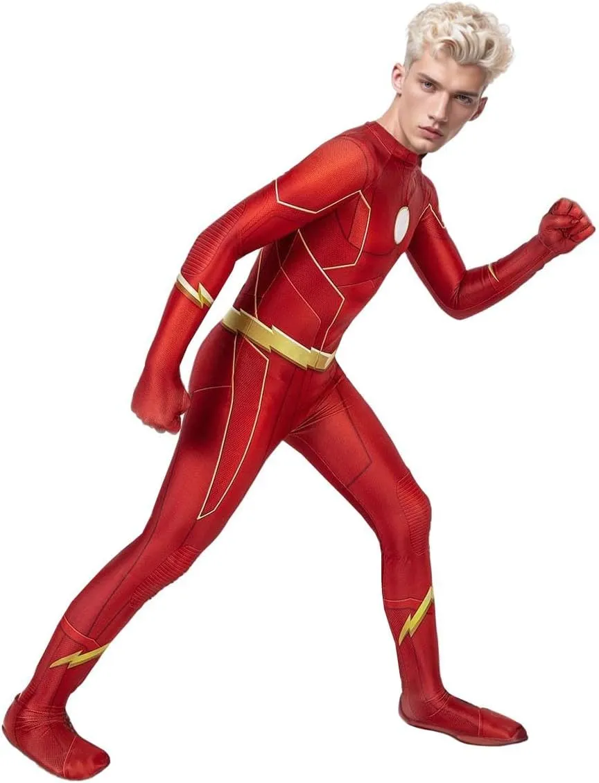 Halloween Men's Superhero Costume Cosplay Red Jumpsuit Bodysuit Zentai Onesie Outfit Mask For Adult