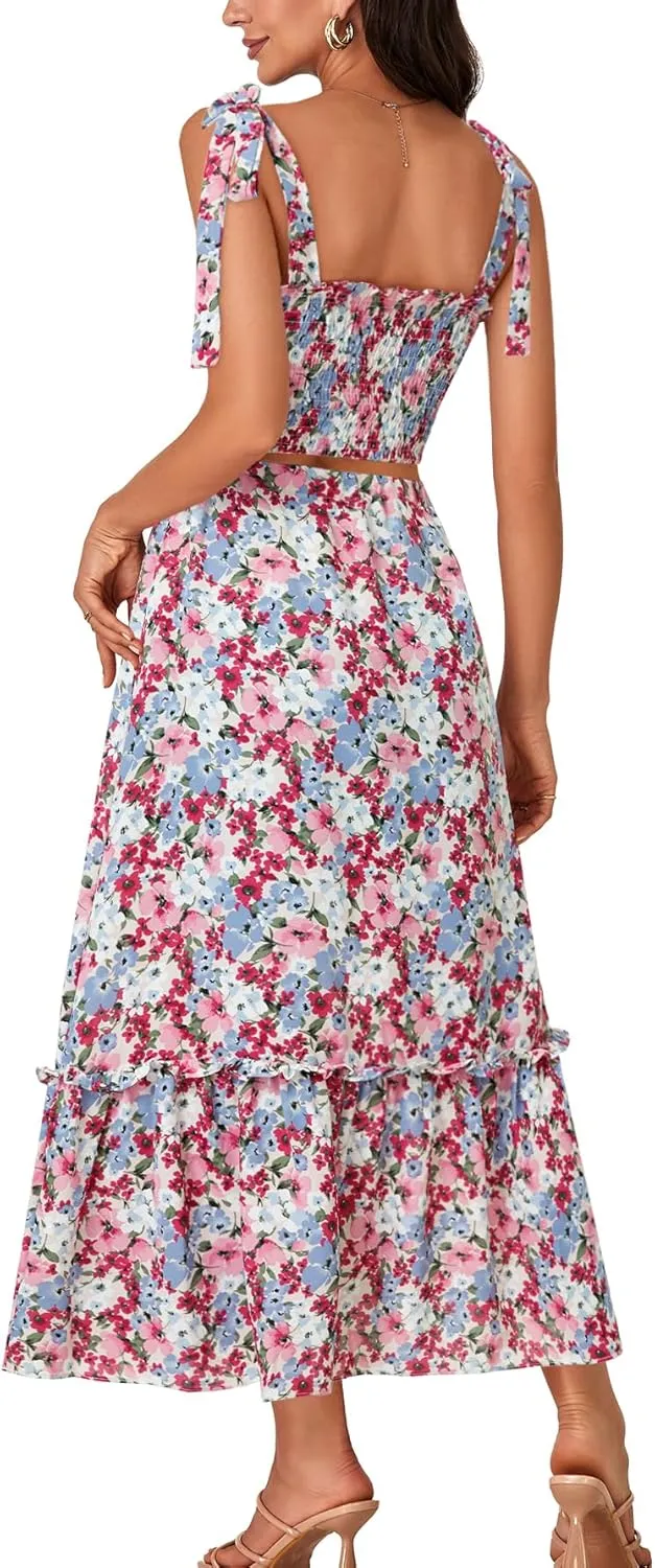 LYANER Women's Boho 2 Piece Outfits Floral Tie Shoulder Smocked Crop Top and Ruffle Beach Maxi Skirt Set