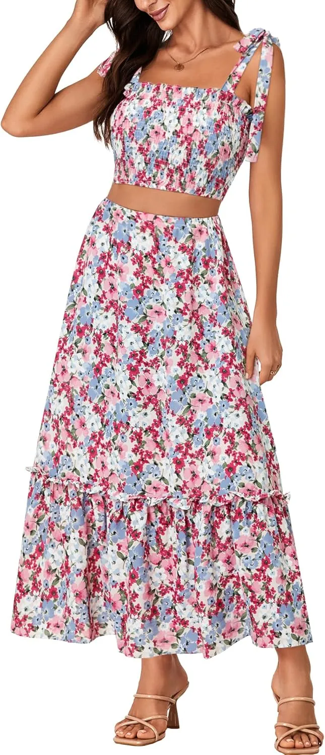LYANER Women's Boho 2 Piece Outfits Floral Tie Shoulder Smocked Crop Top and Ruffle Beach Maxi Skirt Set