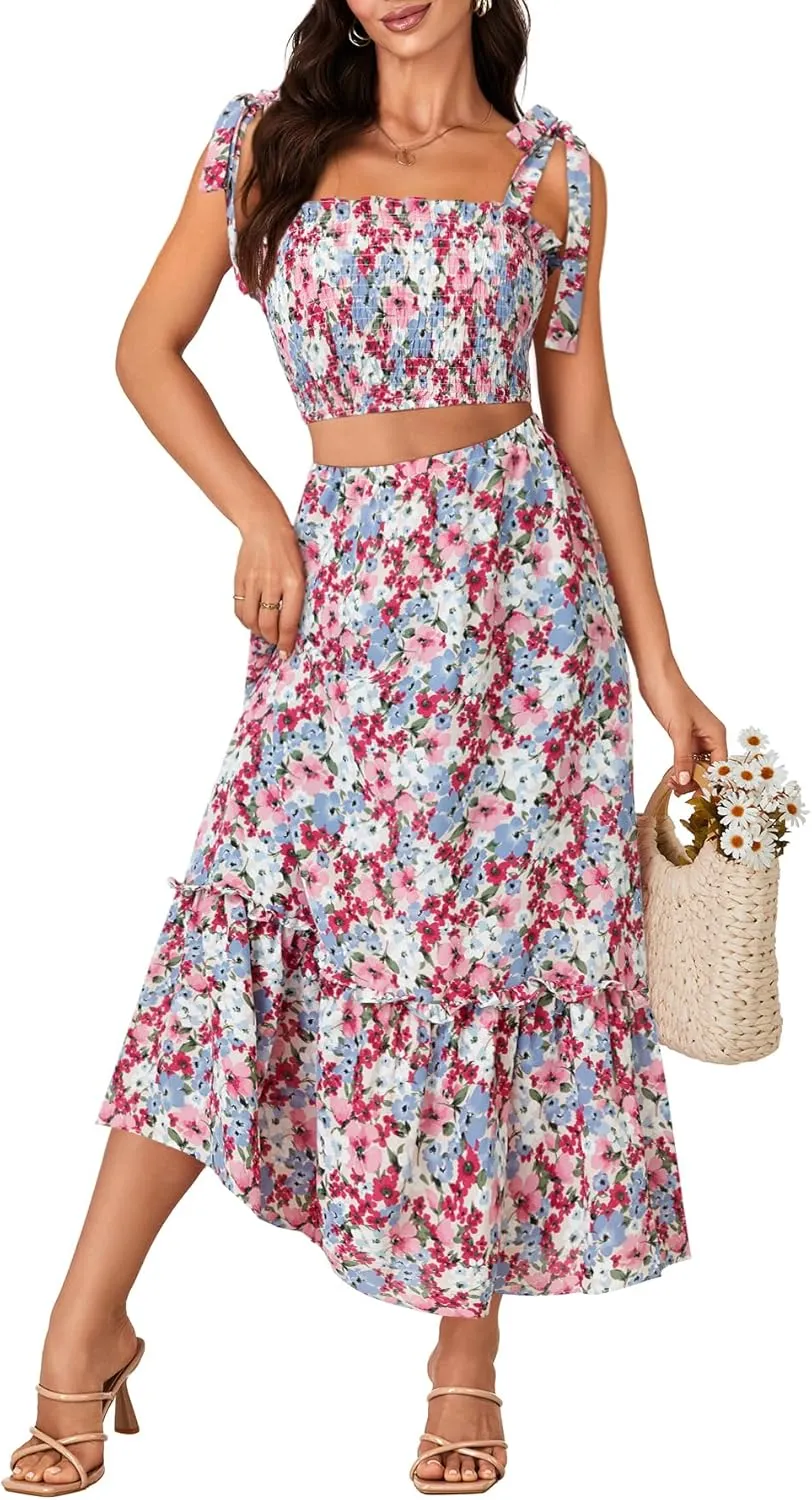 LYANER Women's Boho 2 Piece Outfits Floral Tie Shoulder Smocked Crop Top and Ruffle Beach Maxi Skirt Set