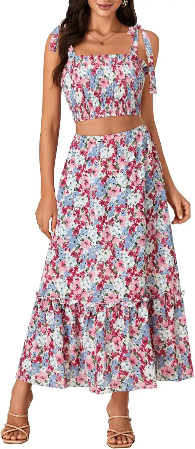LYANER Women's Boho 2 Piece Outfits Floral Tie Shoulder Smocked Crop Top and Ruffle Beach Maxi Skirt Set