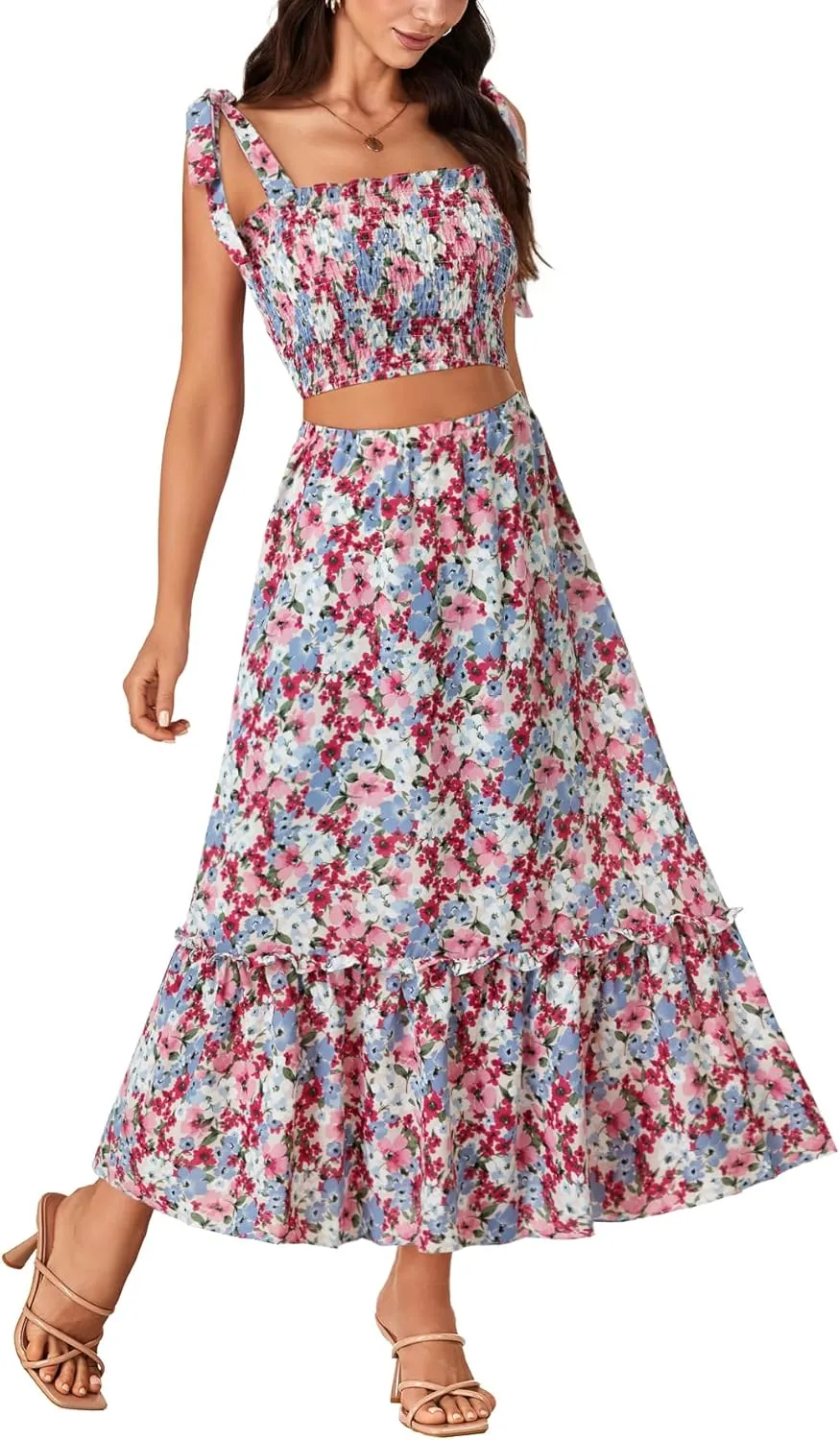 LYANER Women's Boho 2 Piece Outfits Floral Tie Shoulder Smocked Crop Top and Ruffle Beach Maxi Skirt Set