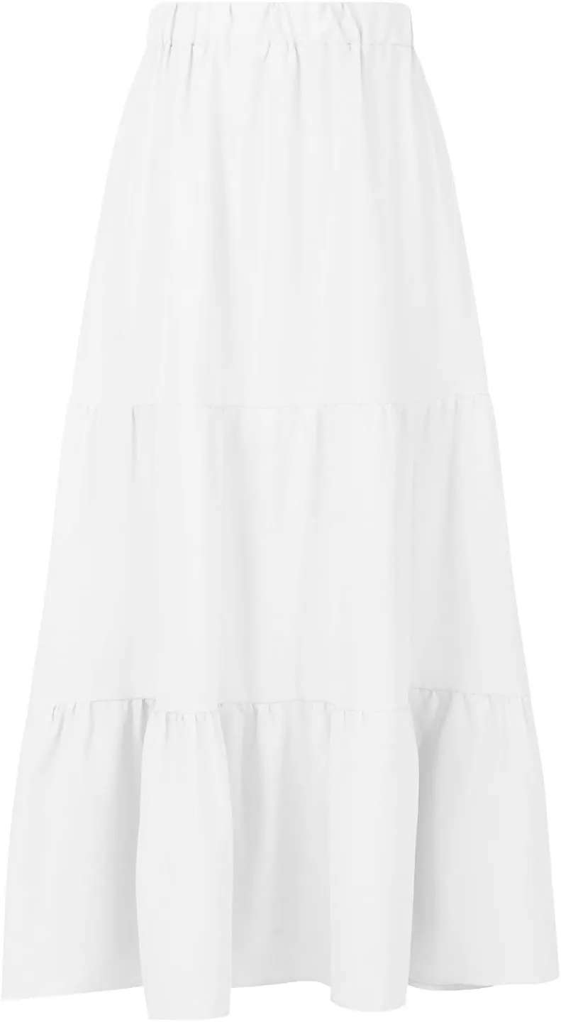 Maxi Long Skirts for Women Elastic Waist Pleated Flowy Skirt Ruffle A-Line Swing Tiered Boho Beach Skirt with Pockets