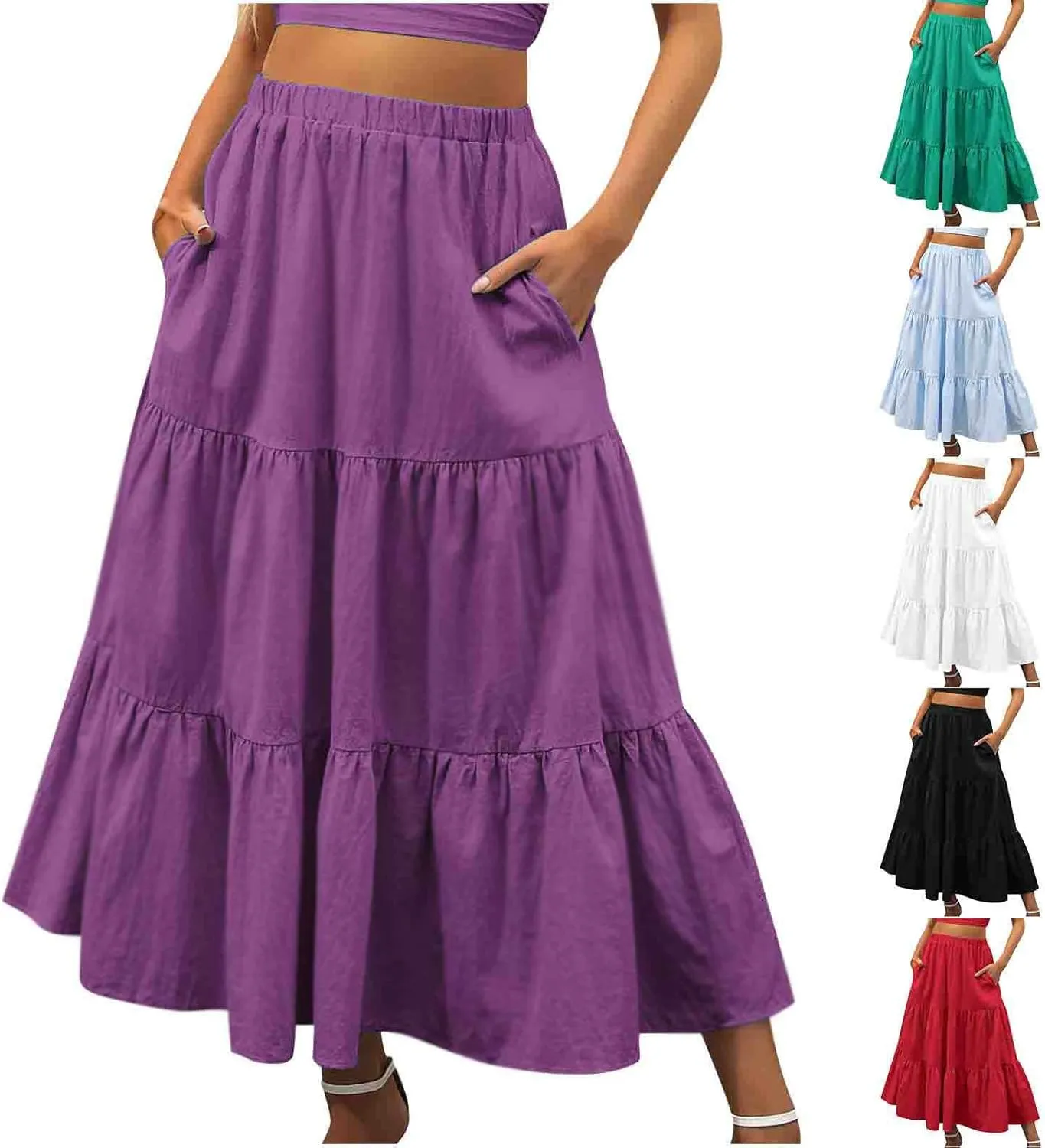 Maxi Long Skirts for Women Elastic Waist Pleated Flowy Skirt Ruffle A-Line Swing Tiered Boho Beach Skirt with Pockets