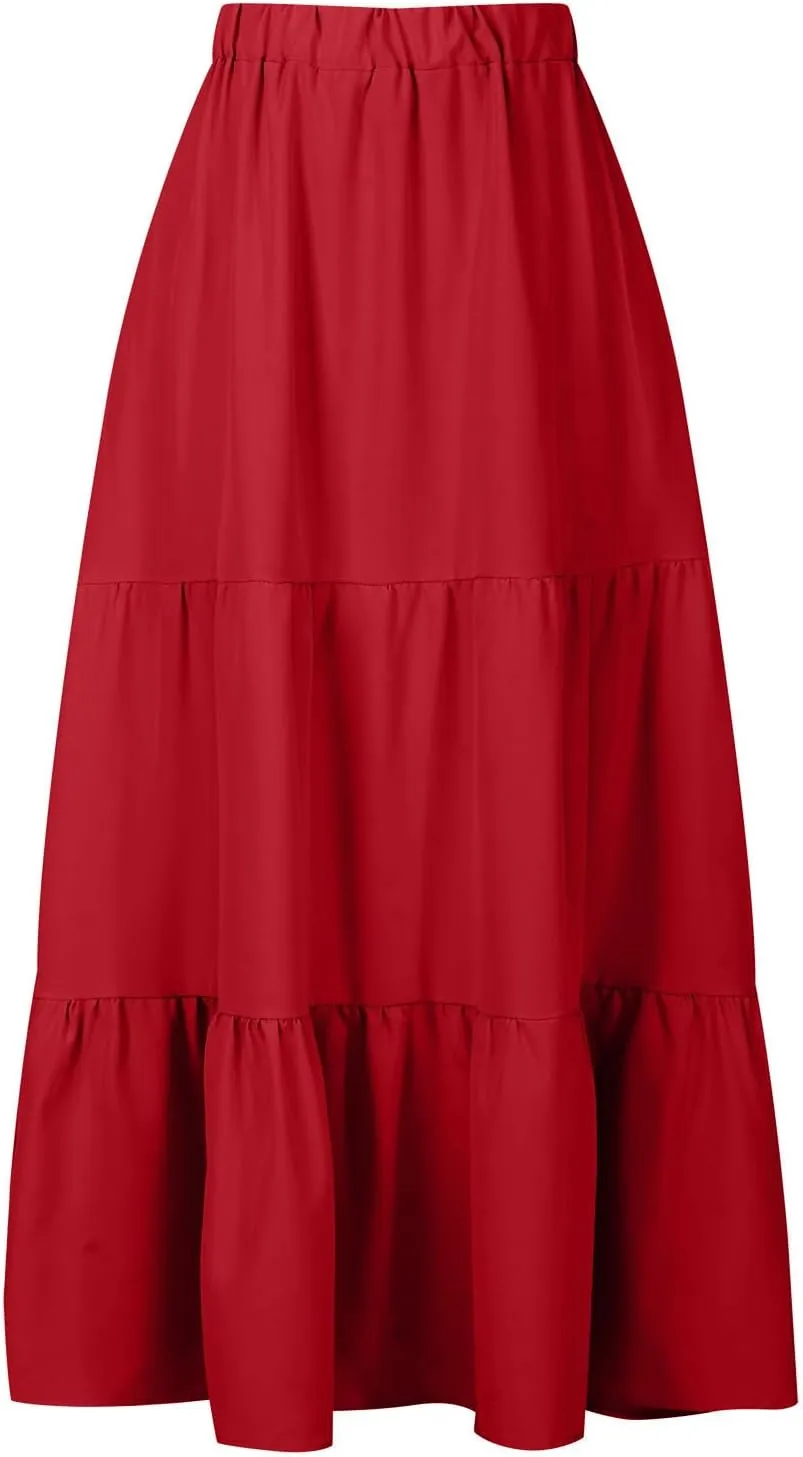 Maxi Long Skirts for Women Elastic Waist Pleated Flowy Skirt Ruffle A-Line Swing Tiered Boho Beach Skirt with Pockets
