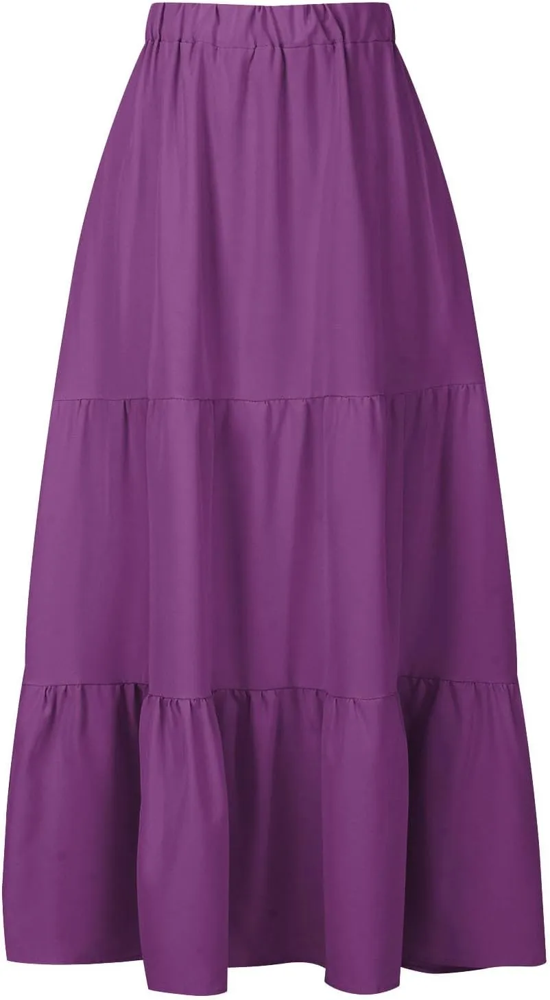 Maxi Long Skirts for Women Elastic Waist Pleated Flowy Skirt Ruffle A-Line Swing Tiered Boho Beach Skirt with Pockets