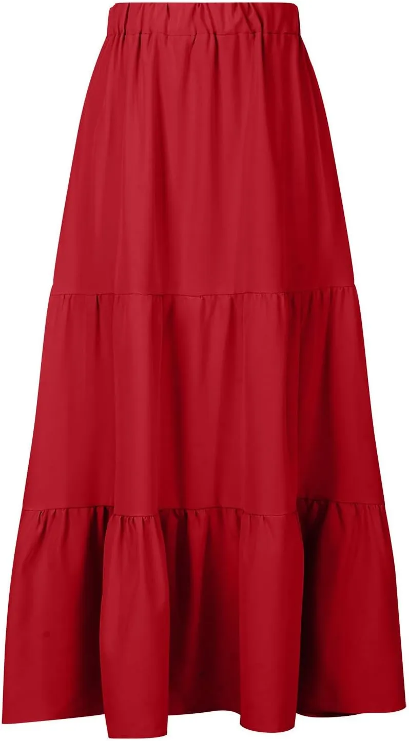 Maxi Long Skirts for Women Elastic Waist Pleated Flowy Skirt Ruffle A-Line Swing Tiered Boho Beach Skirt with Pockets