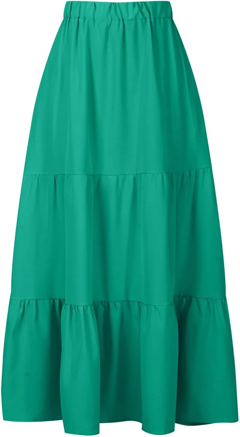 Maxi Long Skirts for Women Elastic Waist Pleated Flowy Skirt Ruffle A-Line Swing Tiered Boho Beach Skirt with Pockets
