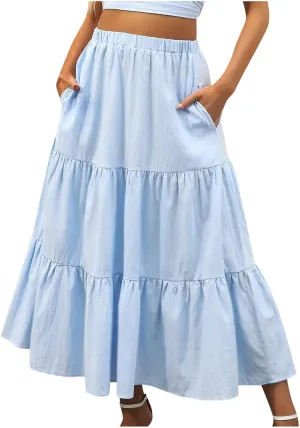 Maxi Long Skirts for Women Elastic Waist Pleated Flowy Skirt Ruffle A-Line Swing Tiered Boho Beach Skirt with Pockets