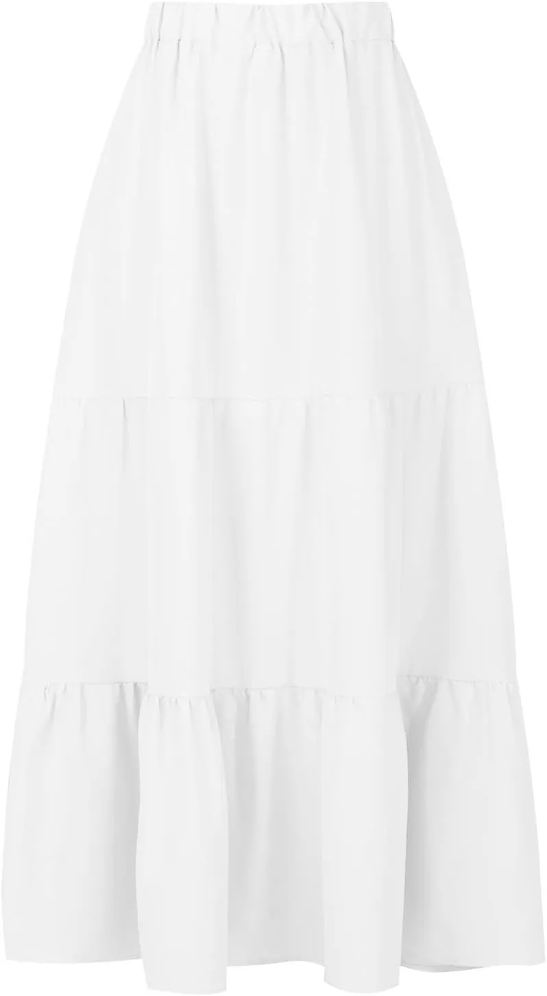 Maxi Long Skirts for Women Elastic Waist Pleated Flowy Skirt Ruffle A-Line Swing Tiered Boho Beach Skirt with Pockets
