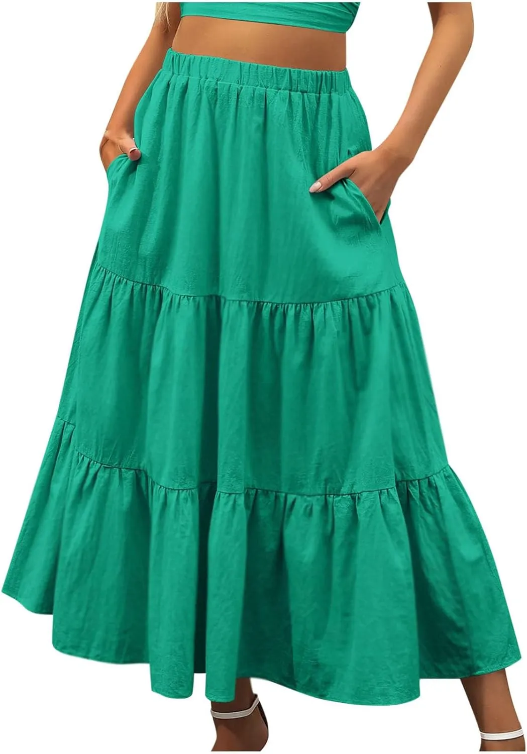 Maxi Long Skirts for Women Elastic Waist Pleated Flowy Skirt Ruffle A-Line Swing Tiered Boho Beach Skirt with Pockets