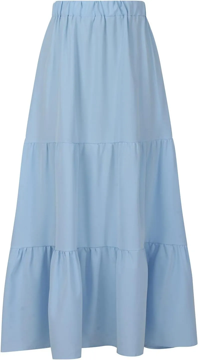 Maxi Long Skirts for Women Elastic Waist Pleated Flowy Skirt Ruffle A-Line Swing Tiered Boho Beach Skirt with Pockets