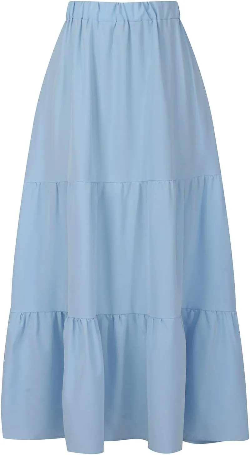 Maxi Long Skirts for Women Elastic Waist Pleated Flowy Skirt Ruffle A-Line Swing Tiered Boho Beach Skirt with Pockets