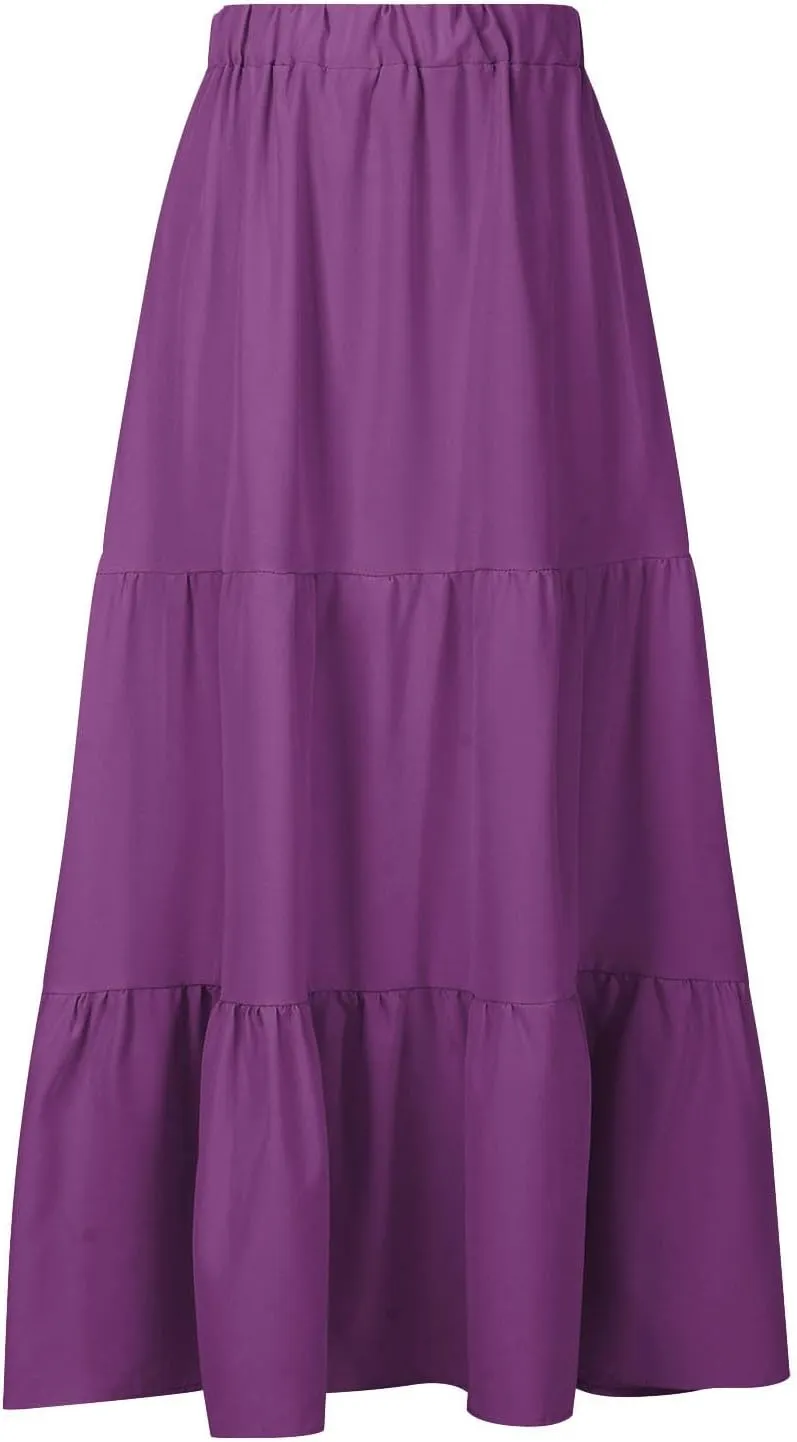 Maxi Long Skirts for Women Elastic Waist Pleated Flowy Skirt Ruffle A-Line Swing Tiered Boho Beach Skirt with Pockets