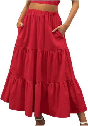 Maxi Long Skirts for Women Elastic Waist Pleated Flowy Skirt Ruffle A-Line Swing Tiered Boho Beach Skirt with Pockets