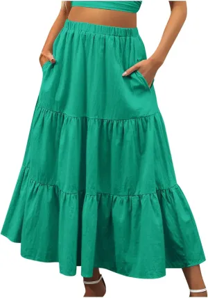 Maxi Long Skirts for Women Elastic Waist Pleated Flowy Skirt Ruffle A-Line Swing Tiered Boho Beach Skirt with Pockets