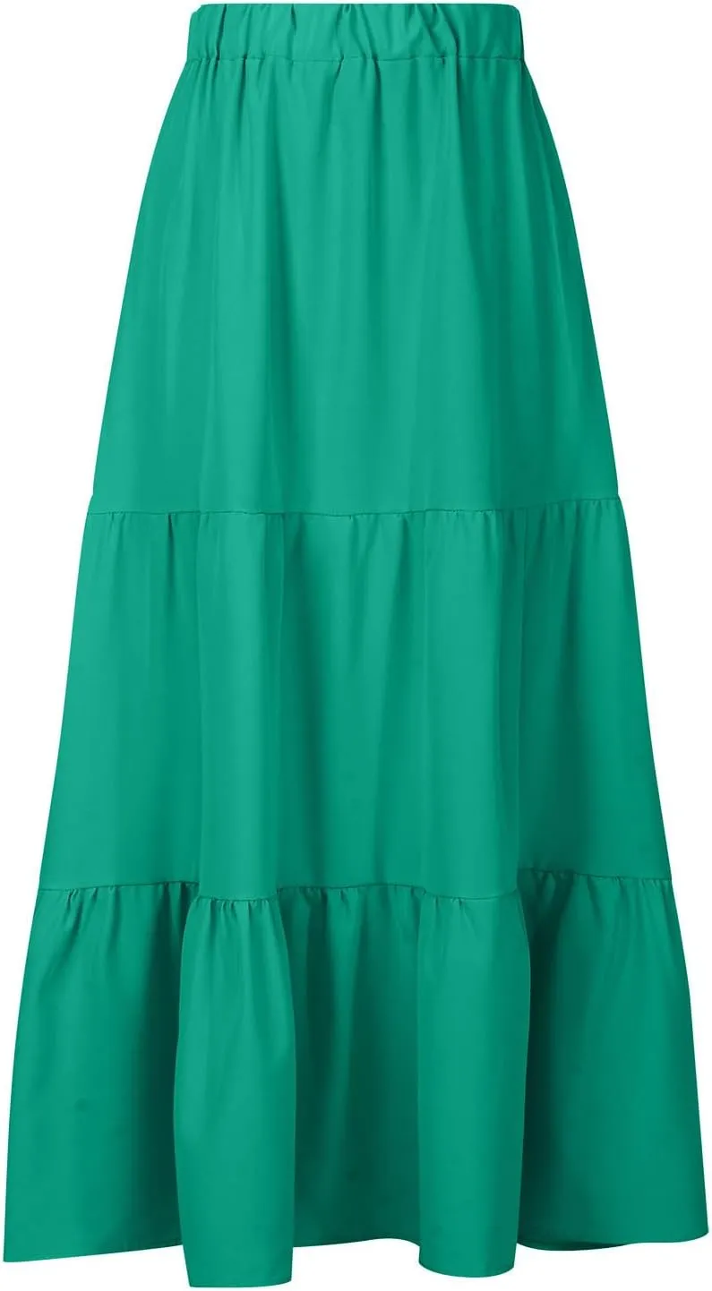Maxi Long Skirts for Women Elastic Waist Pleated Flowy Skirt Ruffle A-Line Swing Tiered Boho Beach Skirt with Pockets