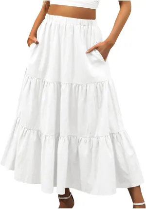 Maxi Long Skirts for Women Elastic Waist Pleated Flowy Skirt Ruffle A-Line Swing Tiered Boho Beach Skirt with Pockets