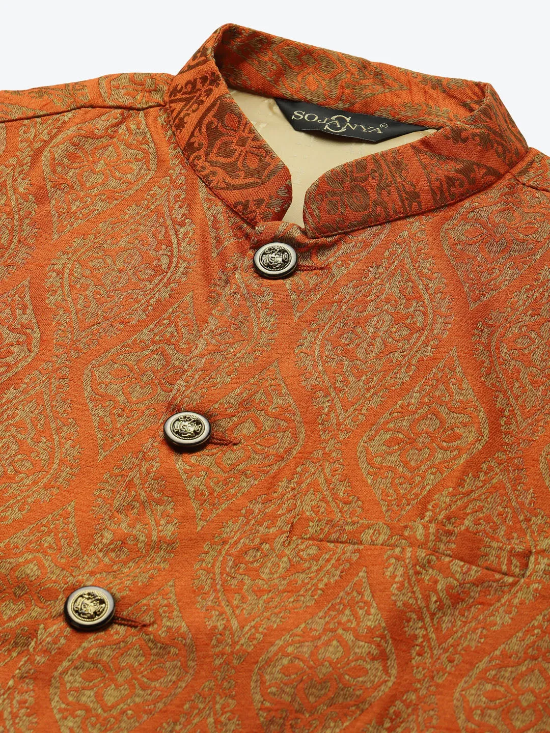 Men's Jacquard Silk Orange & Gold Waistcoat