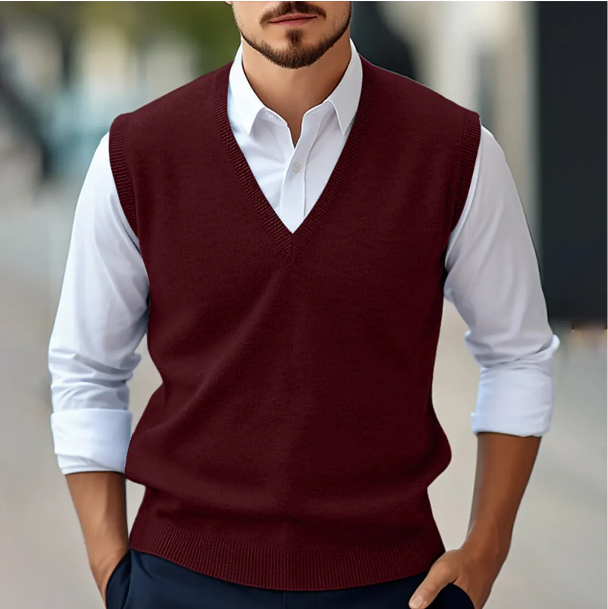 Mens Sleeveless V-Neck Sweater  Fine Knit  Classic Fit  Ribbed Trim  Versatile Layer