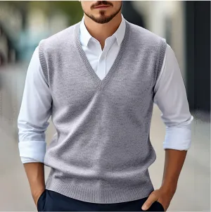 Mens Sleeveless V-Neck Sweater  Fine Knit  Classic Fit  Ribbed Trim  Versatile Layer