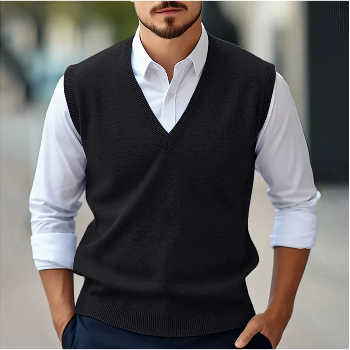 Mens Sleeveless V-Neck Sweater  Fine Knit  Classic Fit  Ribbed Trim  Versatile Layer