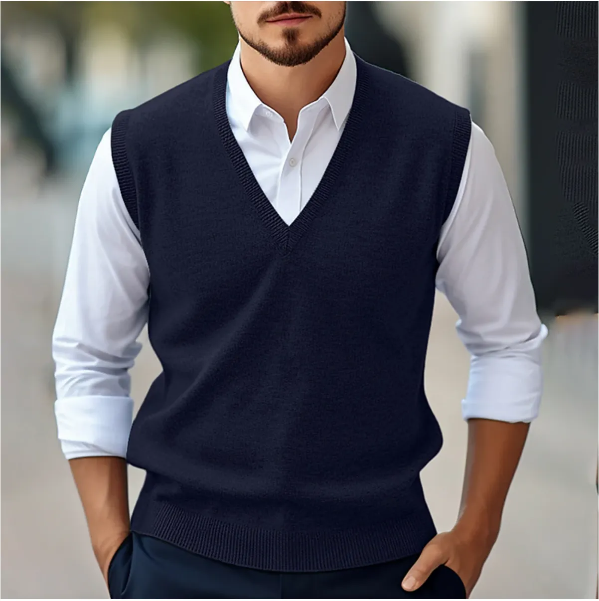 Mens Sleeveless V-Neck Sweater  Fine Knit  Classic Fit  Ribbed Trim  Versatile Layer