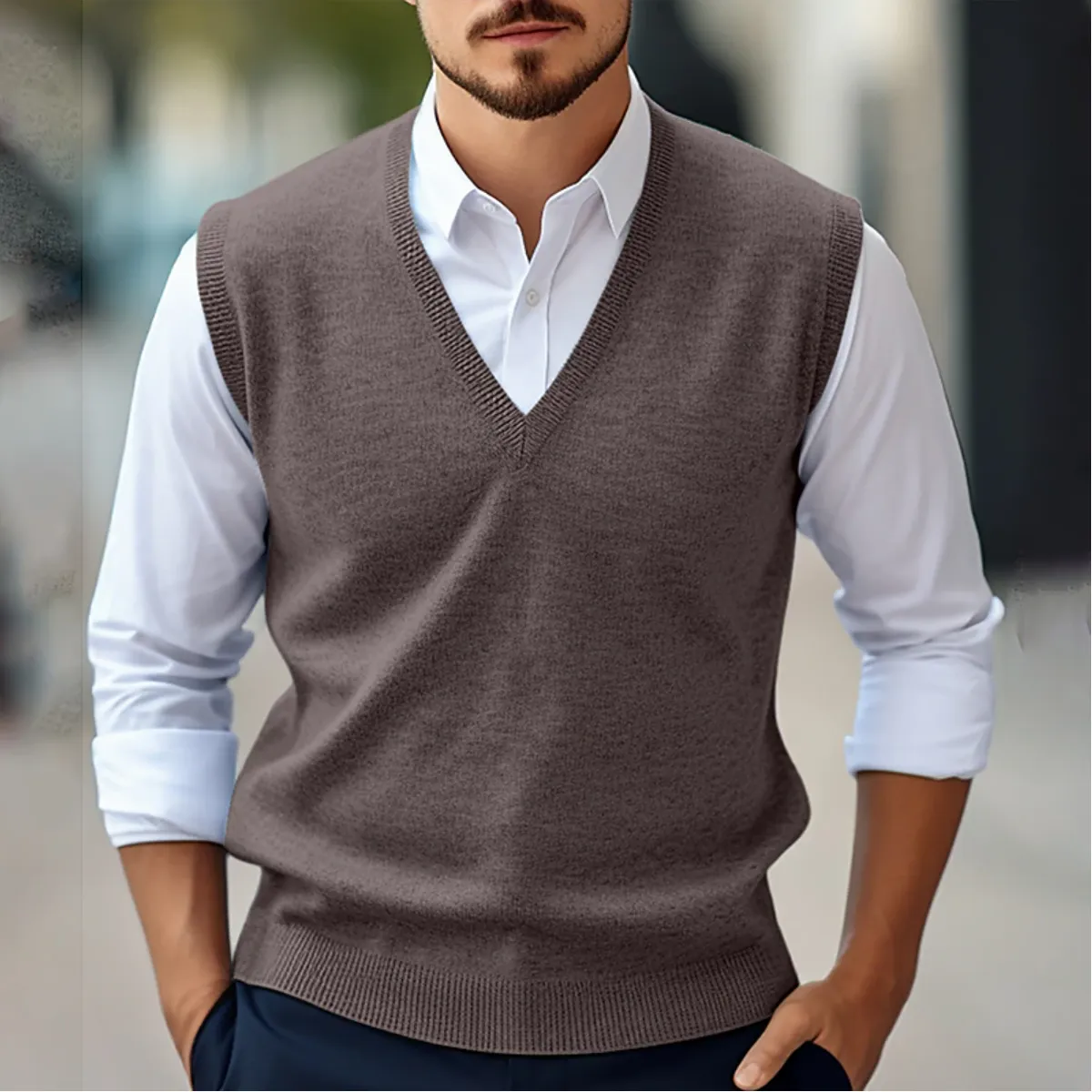 Mens Sleeveless V-Neck Sweater  Fine Knit  Classic Fit  Ribbed Trim  Versatile Layer