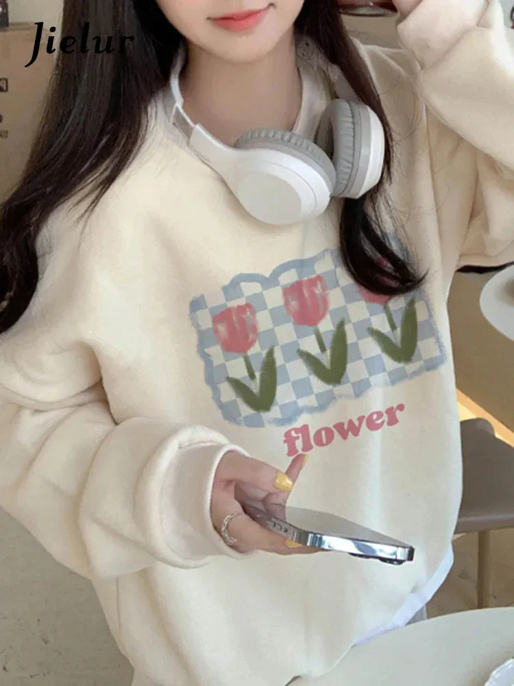 Metaversmall Apricot Sweet Simple Female Sweatshirts Pullover Casual Loose O-neck Basic Women's Hoodies Winter Fashion Office Ladies