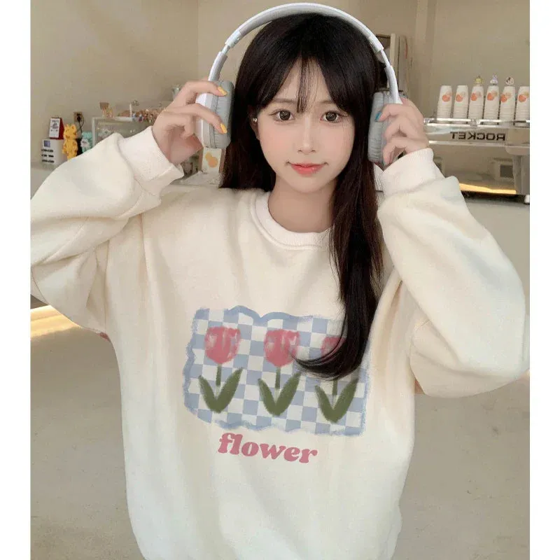 Metaversmall Apricot Sweet Simple Female Sweatshirts Pullover Casual Loose O-neck Basic Women's Hoodies Winter Fashion Office Ladies