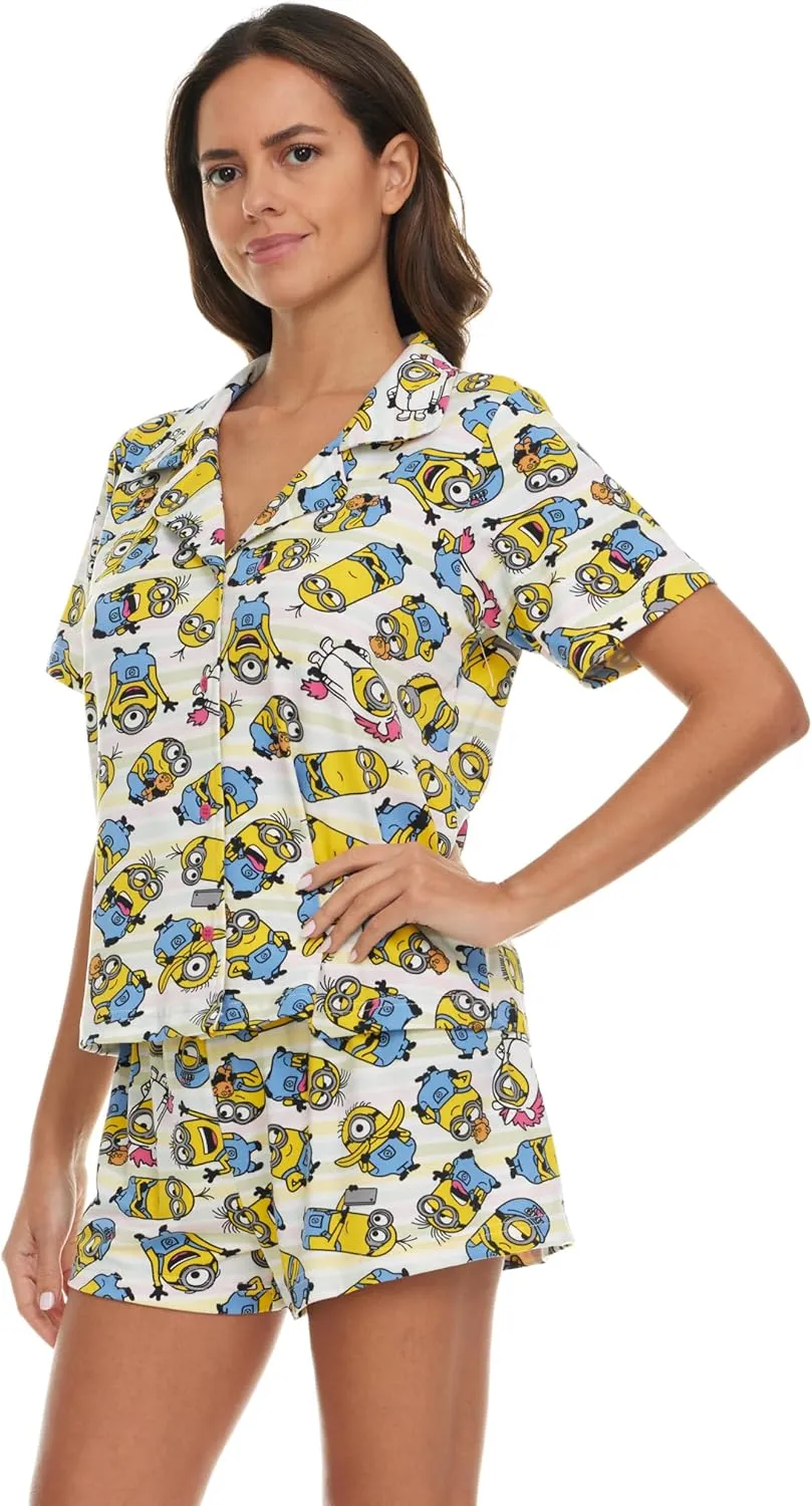 Minions Womens Pajama Set, Soft Stretchy Pajama Shorts & Short Sleeve, Notch Collar, Button Down Top