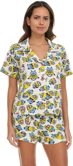 Minions Womens Pajama Set, Soft Stretchy Pajama Shorts & Short Sleeve, Notch Collar, Button Down Top