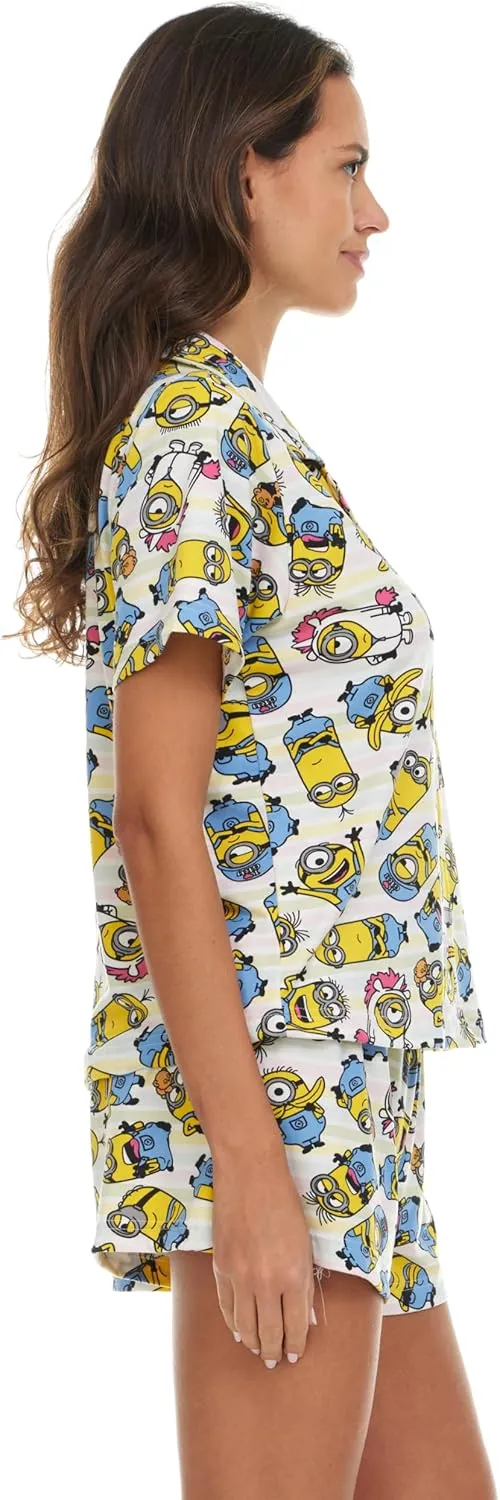 Minions Womens Pajama Set, Soft Stretchy Pajama Shorts & Short Sleeve, Notch Collar, Button Down Top