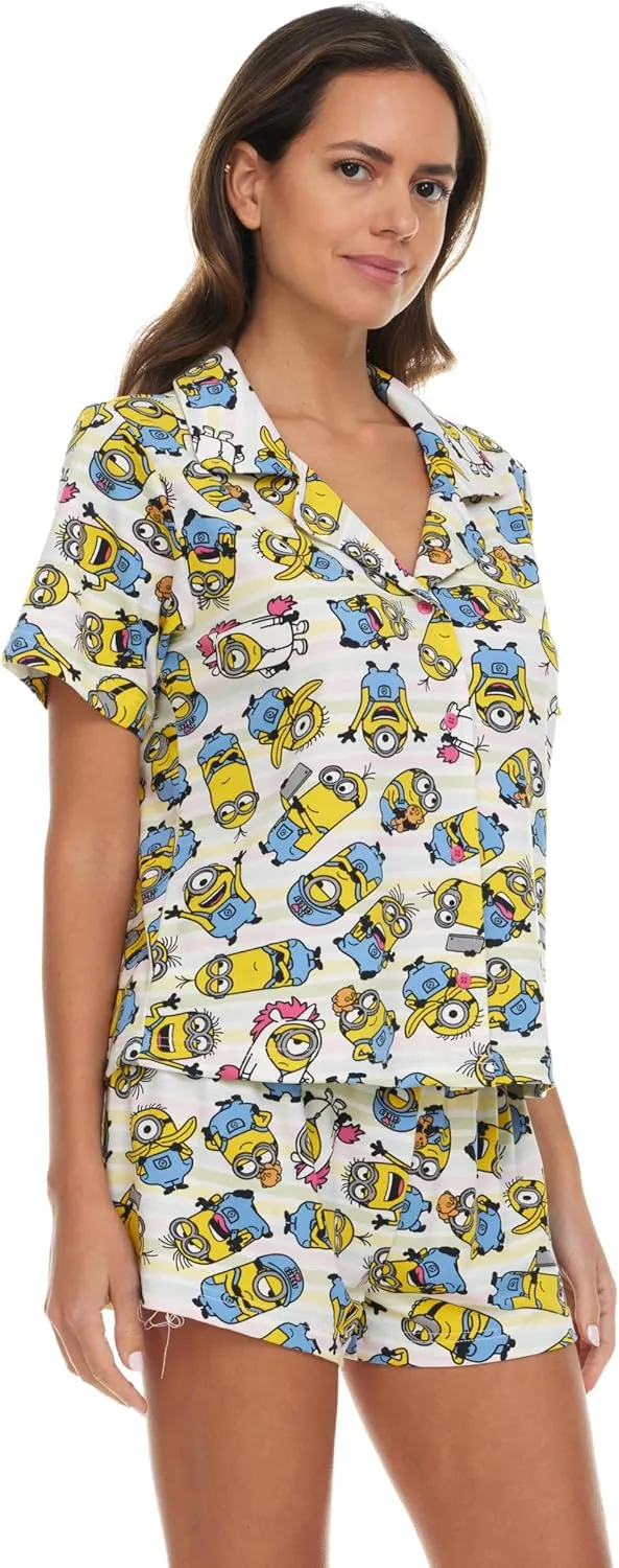 Minions Womens Pajama Set, Soft Stretchy Pajama Shorts & Short Sleeve, Notch Collar, Button Down Top