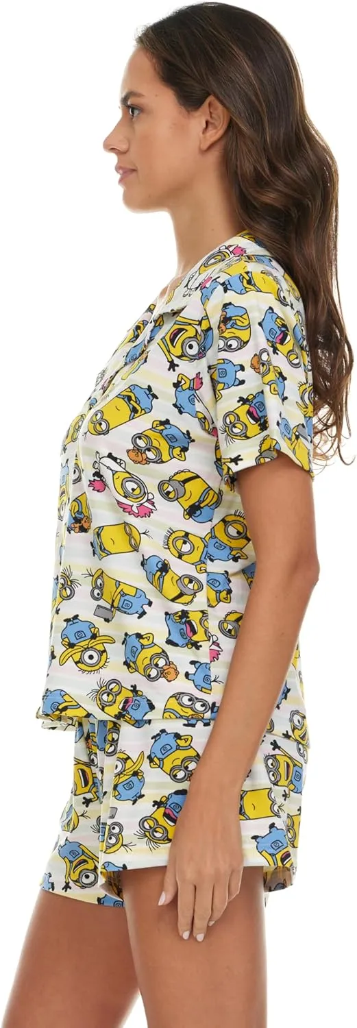 Minions Womens Pajama Set, Soft Stretchy Pajama Shorts & Short Sleeve, Notch Collar, Button Down Top