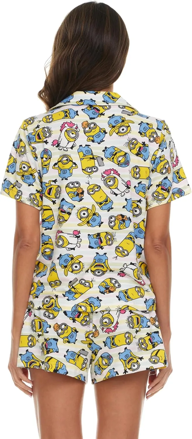 Minions Womens Pajama Set, Soft Stretchy Pajama Shorts & Short Sleeve, Notch Collar, Button Down Top
