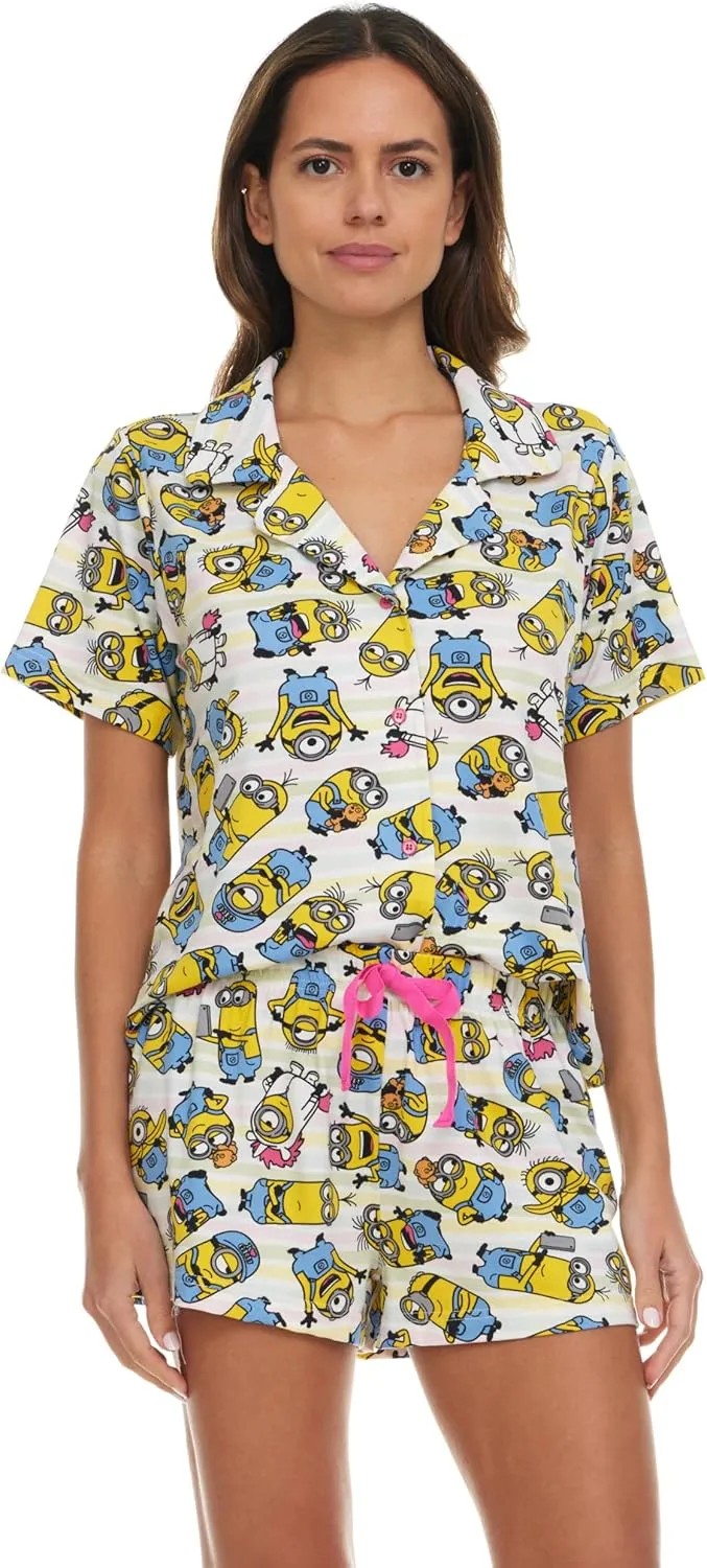 Minions Womens Pajama Set, Soft Stretchy Pajama Shorts & Short Sleeve, Notch Collar, Button Down Top