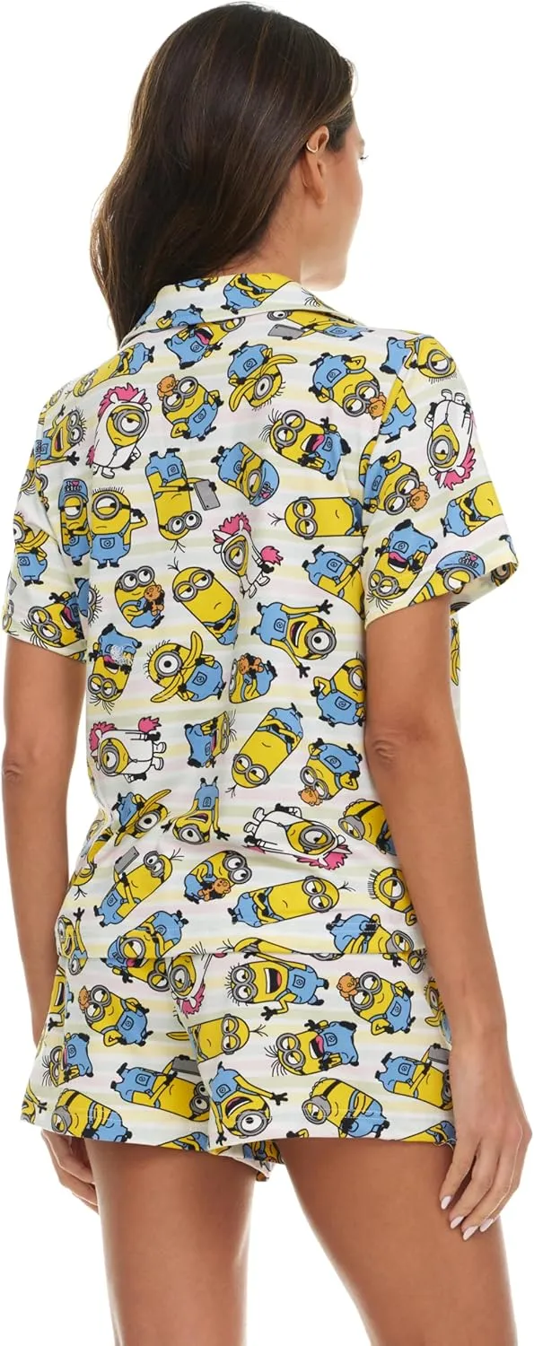 Minions Womens Pajama Set, Soft Stretchy Pajama Shorts & Short Sleeve, Notch Collar, Button Down Top