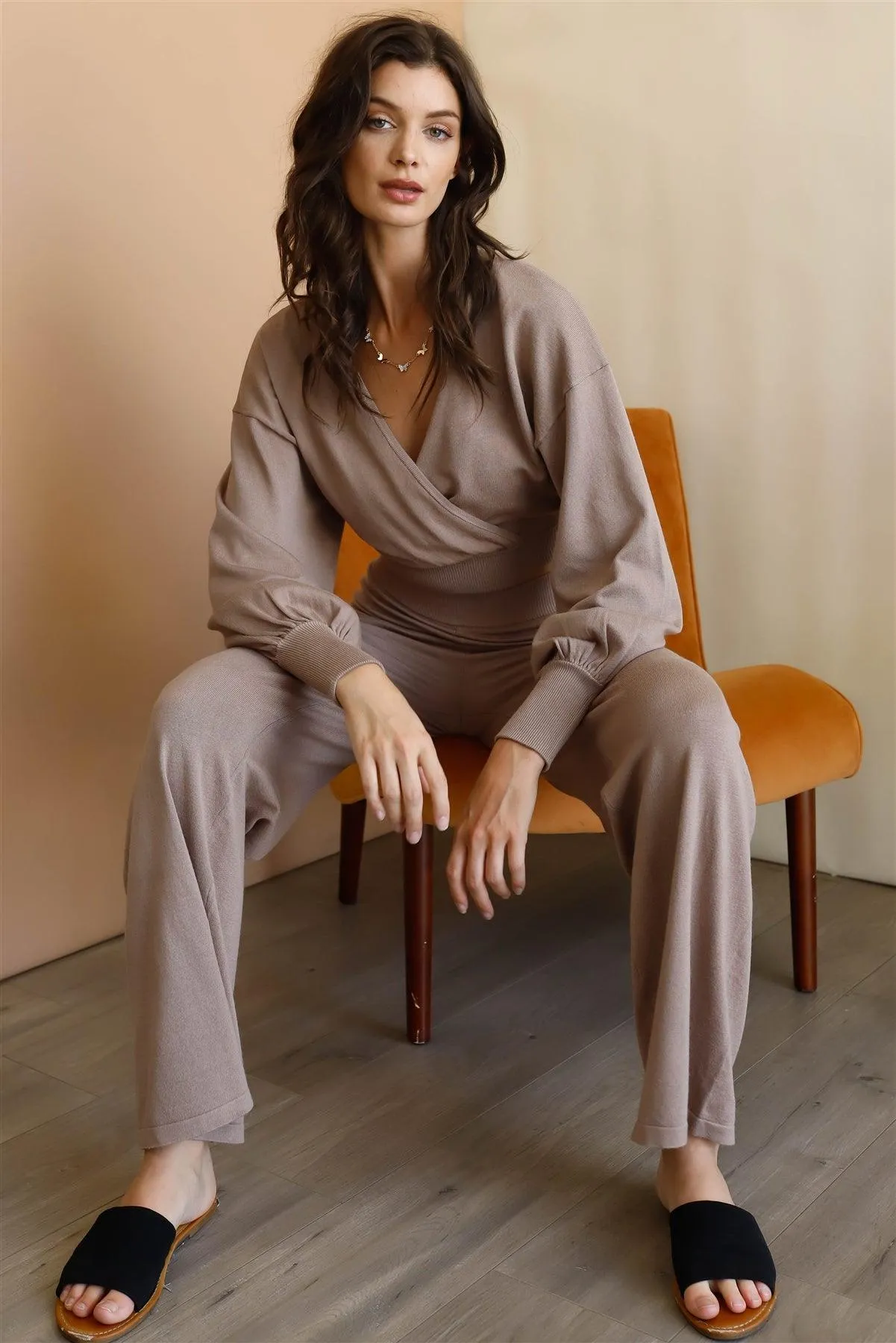 Mocha Wrap Neck Crop Top & High Waist Pants Set /3-2-1