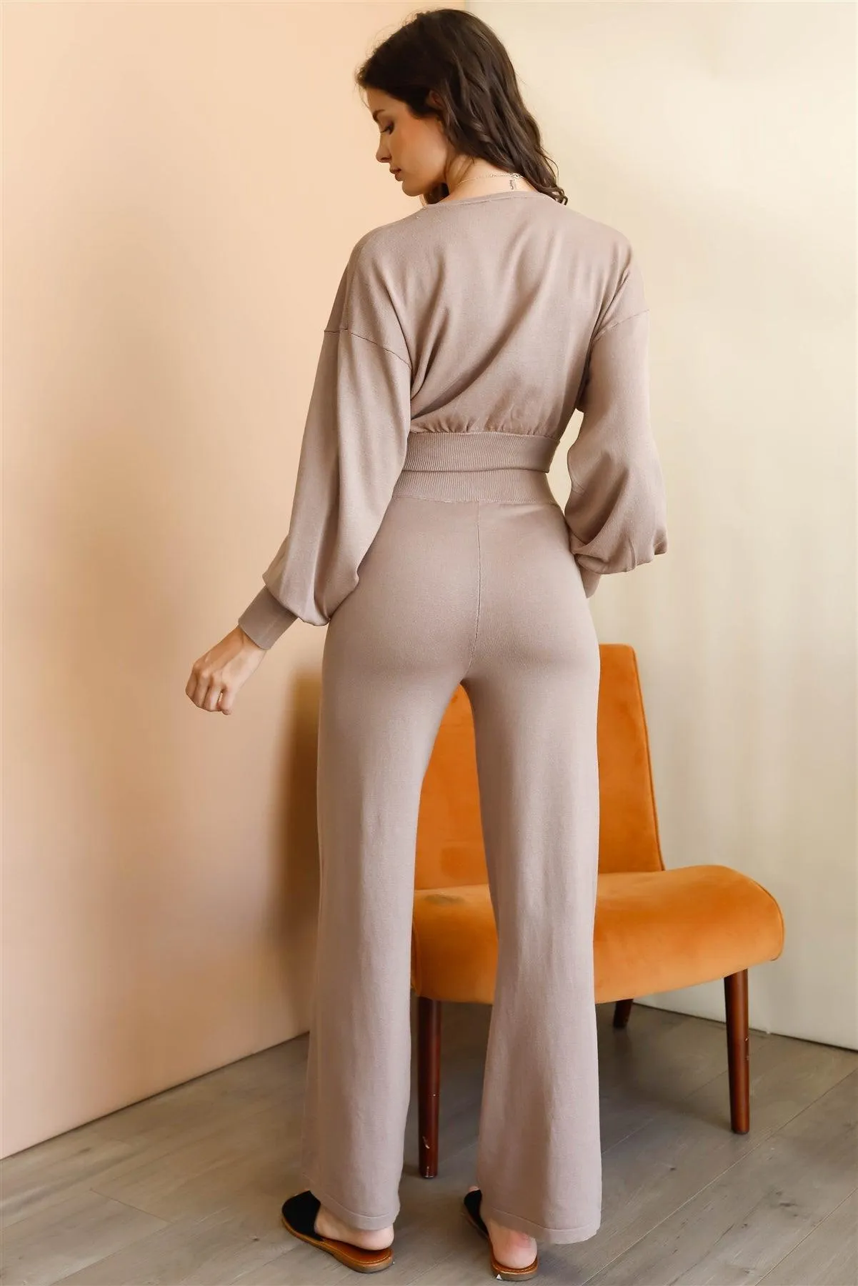 Mocha Wrap Neck Crop Top & High Waist Pants Set /3-2-1