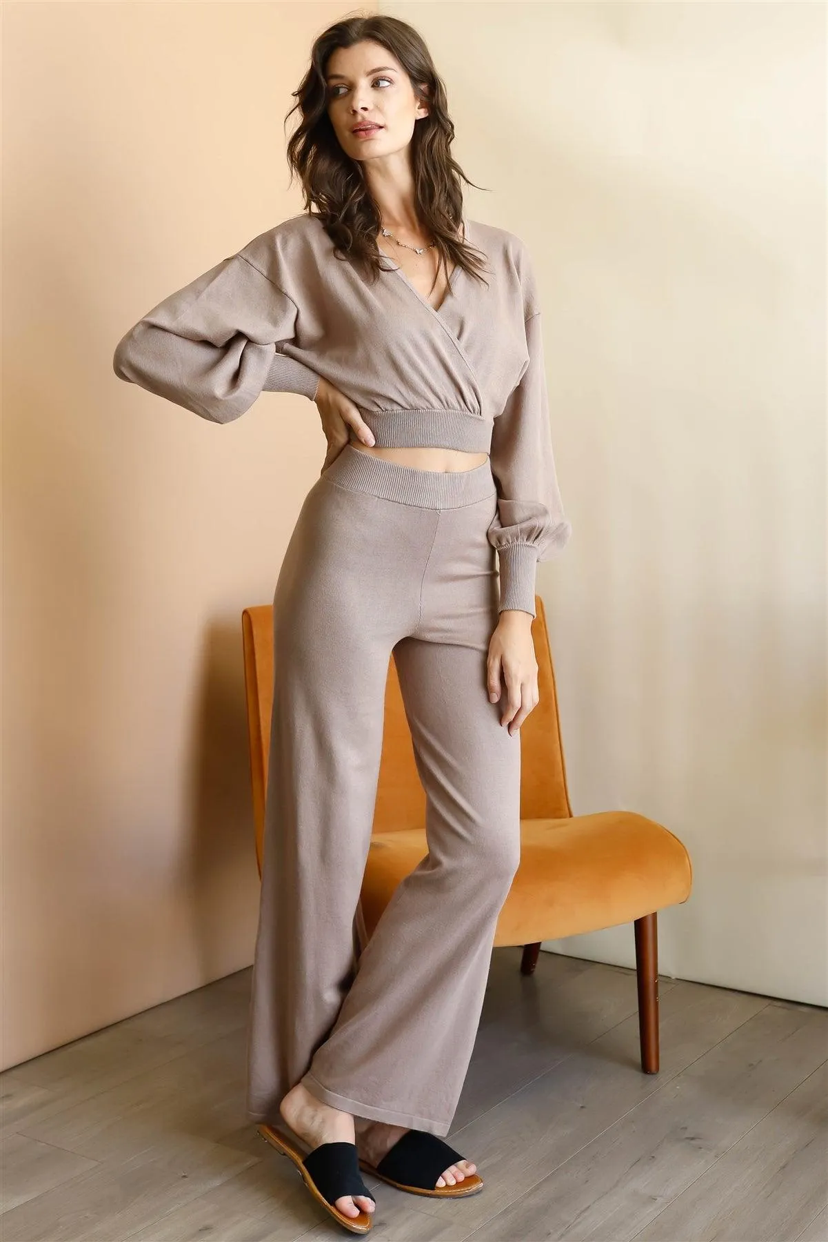 Mocha Wrap Neck Crop Top & High Waist Pants Set /3-2-1
