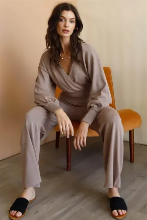 Mocha Wrap Neck Crop Top & High Waist Pants Set /3-2-1