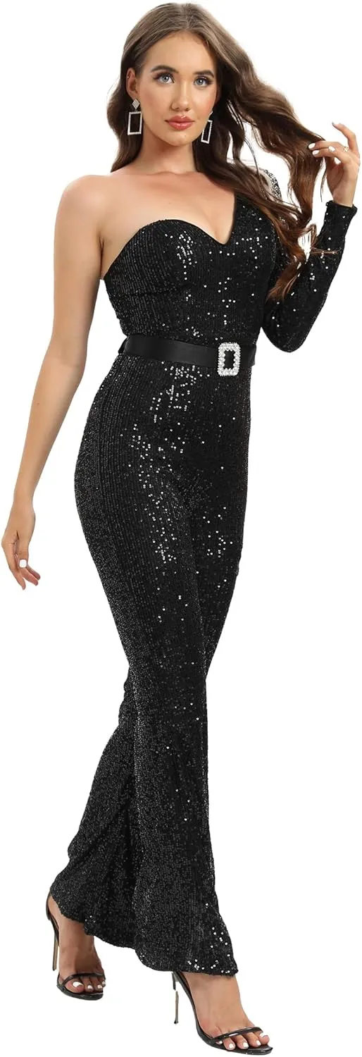 Narcia Black Sequin One-Shoulder Jumpsuit- Glamourous Belted Outfit for Party, Galas and Special Occasions